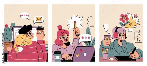 Set of illustrations about remote work. Freelancers at work and working distantly concept illustrations. Vector