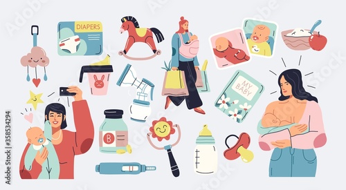 Collection of motherhood scenes. Bundle of women with their babies performing daily activities. Flat cartoon vector illustration.