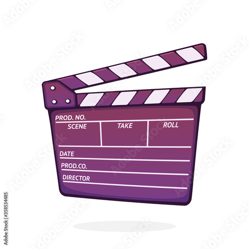 Open clapperboard used in cinema when shooting a film. Cinematograph clapper board. Symbol of the film industry. Cartoon vector illustration with outline. Clip art Isolated on white background