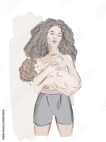 black girl holds a white child Sketch illustration.