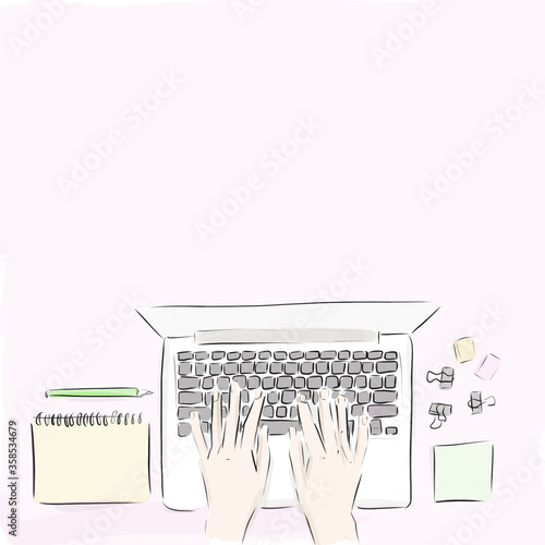 Woman working on laptop sketch illustration