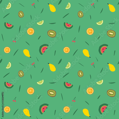 Orange, kiwi, lime, watermelon, pear slice on green background, seamless summer vector pattern. Fruit juicy vector print for apparel. fabric, textile, wrapping paper. EPS10, editable