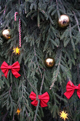 Fir tree with decorative balls. Christmas background.