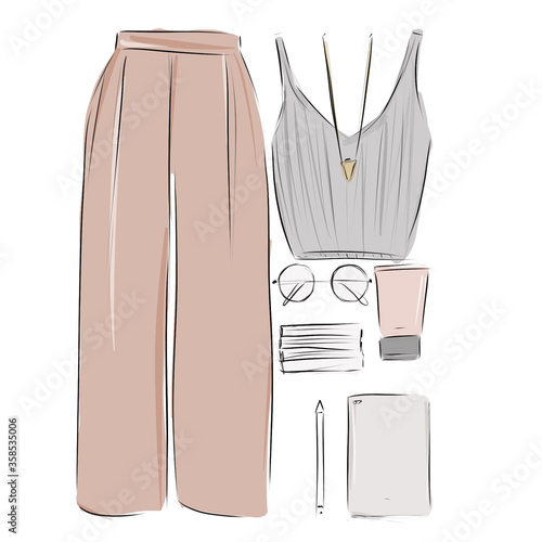 Sketch. Woman's wardrobe elements for combination. woman's clothing. Capsule wardrobe.