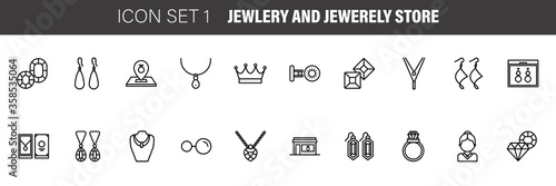 Jewelry and Jewelry shop, diamond accessories banner illustration. Vector line icon of jewels - rings, gem earrings, necklaces, charms bracelets, brilliants.