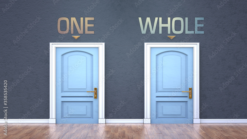 One and whole as a choice - pictured as words One, whole on doors to show that One and whole are opposite options while making decision, 3d illustration One and whole as a choice - pictured as words One, whole on doors to show that One and whole are opposite options while making decision, 3d illustration