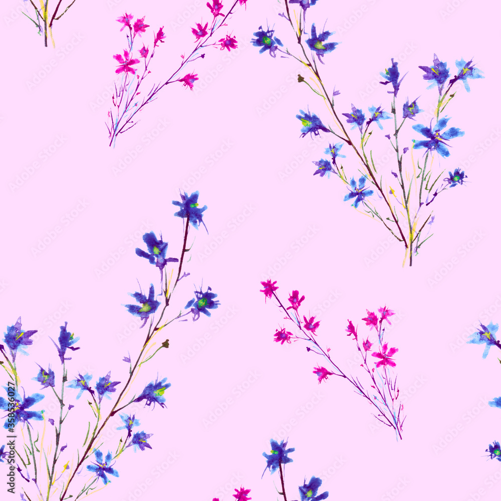 Watercolor vintage pattern. Seamless background with a pattern - blue flower cornflower, cloves. Beautiful splash of paint, art background for fabric, paper, textiles