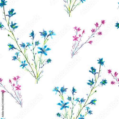 Watercolor vintage pattern. Seamless background with a pattern - blue flower cornflower, cloves. Beautiful splash of paint, art background for fabric, paper, textiles