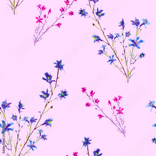 Watercolor vintage pattern. Seamless background with a pattern - blue flower cornflower, cloves. Beautiful splash of paint, art background for fabric, paper, textiles © helgafo