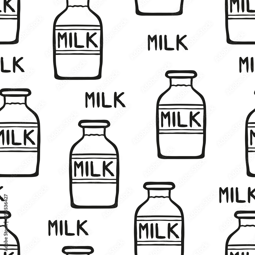 Black milk bottles isolated on white background. Cute monochrome seamless pattern. Hand drawn vector flat graphic illustration. Texture. Black milk bottles isolated on white background. Cute monochrome seamless pattern. Hand drawn vector flat graphic illustration. Texture.