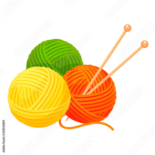 Balls of yarn with knitting needles. Clews, skeins of wool. Tools for handicraft, hand-knitting.