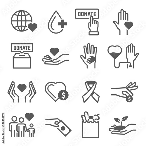Donation, charitable work, philanthropy, lovingkindness, volunteering line icons set isolated on white.