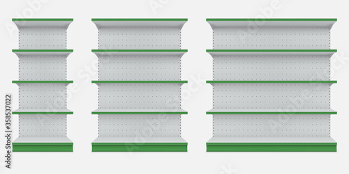 Store shelves, racks with green edge realistic mockups set. Showcases front view empty templates.