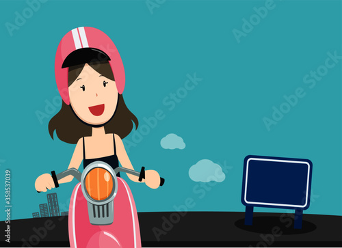girl wear safety helmet ride motorcycle look to the right cartoon character design