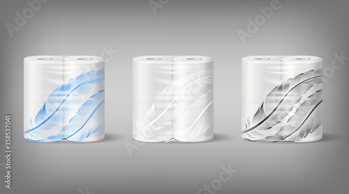 White toilet paper in plastic transparent packaging with decorated with a pattern of feathers, template.