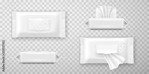 Wet wipes or towel white packaging with open and closed flap realistic mockups. Front, side view.