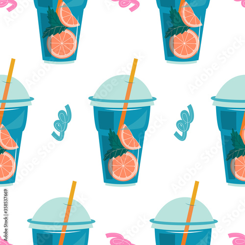 Seamless pattern lemonade in a giant glass. Fruits, summer drink, citrus fruits, cocktail. Use for poster, pattern, fabric, wallpaper. Vector flat illustration on isolated background.