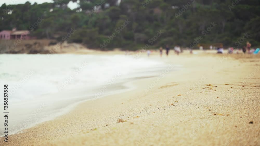 On the sandy beach in a pine bay. White foam waves. In the background, people are relaxing on the beach. Beach activity. People swim, sunbathe and walk along the seashore. Play volleyball.Summer chill On the sandy beach in a pine bay. White foam waves. In the background, people are relaxing on the beach. Beach activity. People swim, sunbathe and walk along the seashore. Play volleyball.Summer chill