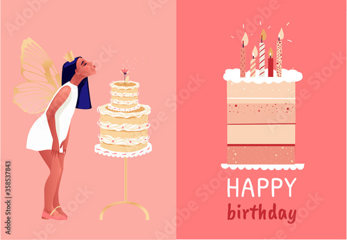 Happy Birthday to you. Cute vector illustration of a girl with birthday cake and flowers. Happy birthday lettering type poster, card, flyer or banner photo