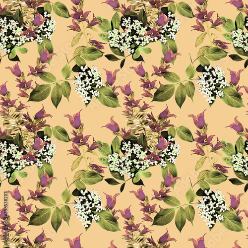 Bell flowers and elder plant, seamless pattern.