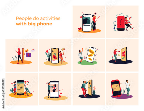 People do activities with big phone vector