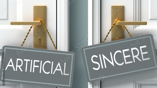 sincere or artificial as a choice in life - pictured as words artificial, sincere on doors to show that artificial and sincere are different options to choose from, 3d illustration