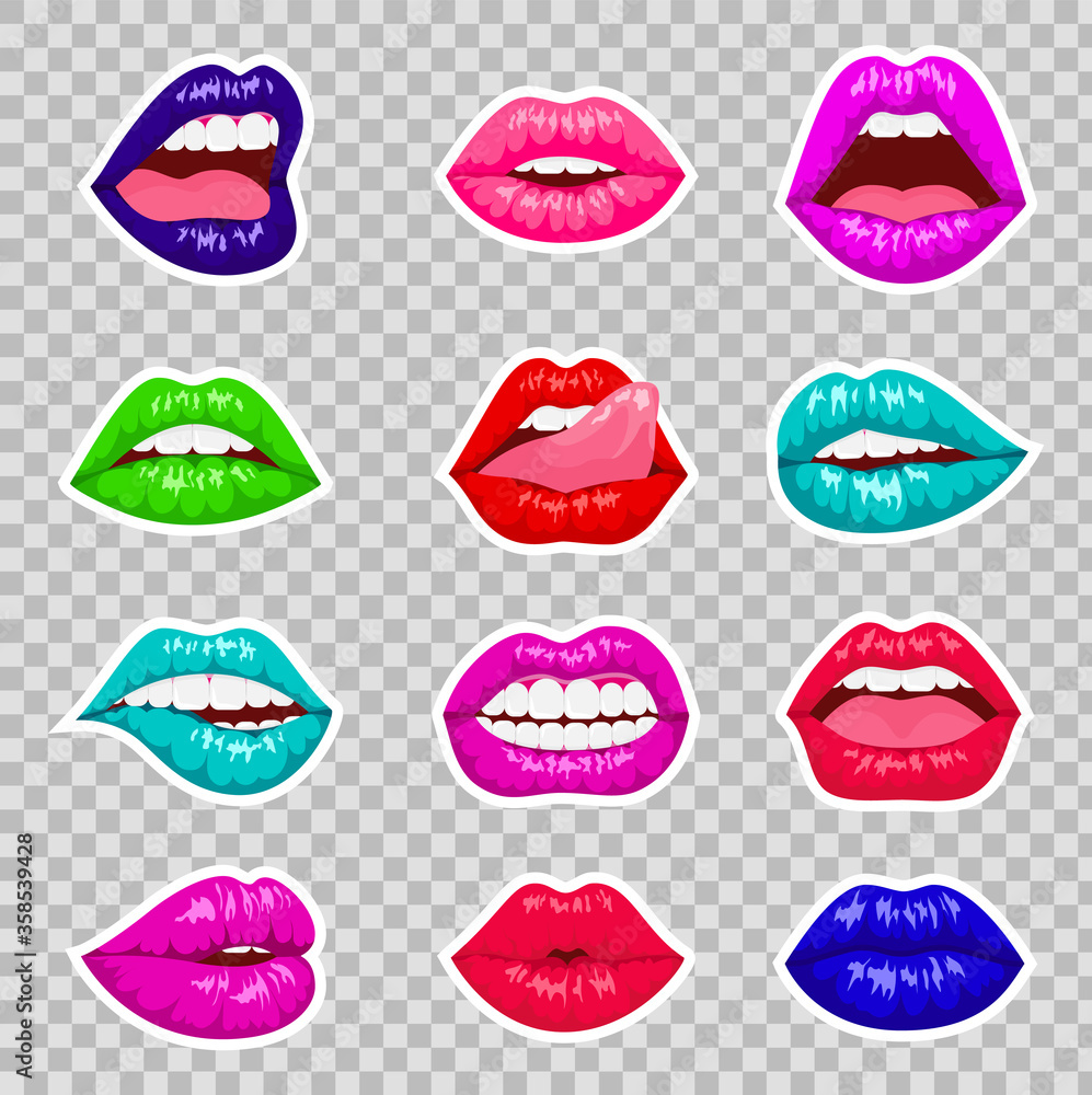 Fototapeta Pop art woman lips set. Sexy mouth. Fashion design, comic book style. Female glossy colored lips that kiss and show emotions