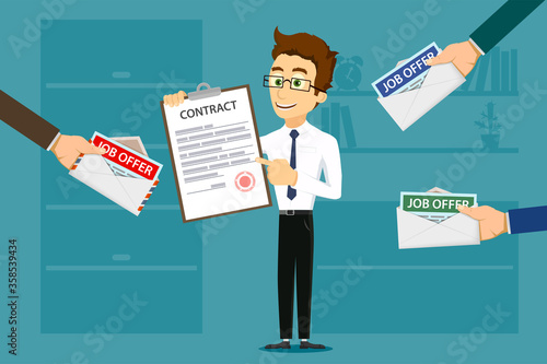 Man holds a contract. Envelope with a job offer.