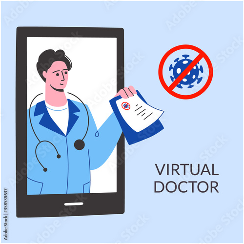 Caronavirus stop The therapist issues a sick leave by phone smartphone, selfisolation, quarantine. Mobile consultation of a virtual doctor, smart medical assistance..cartoon character, vector man