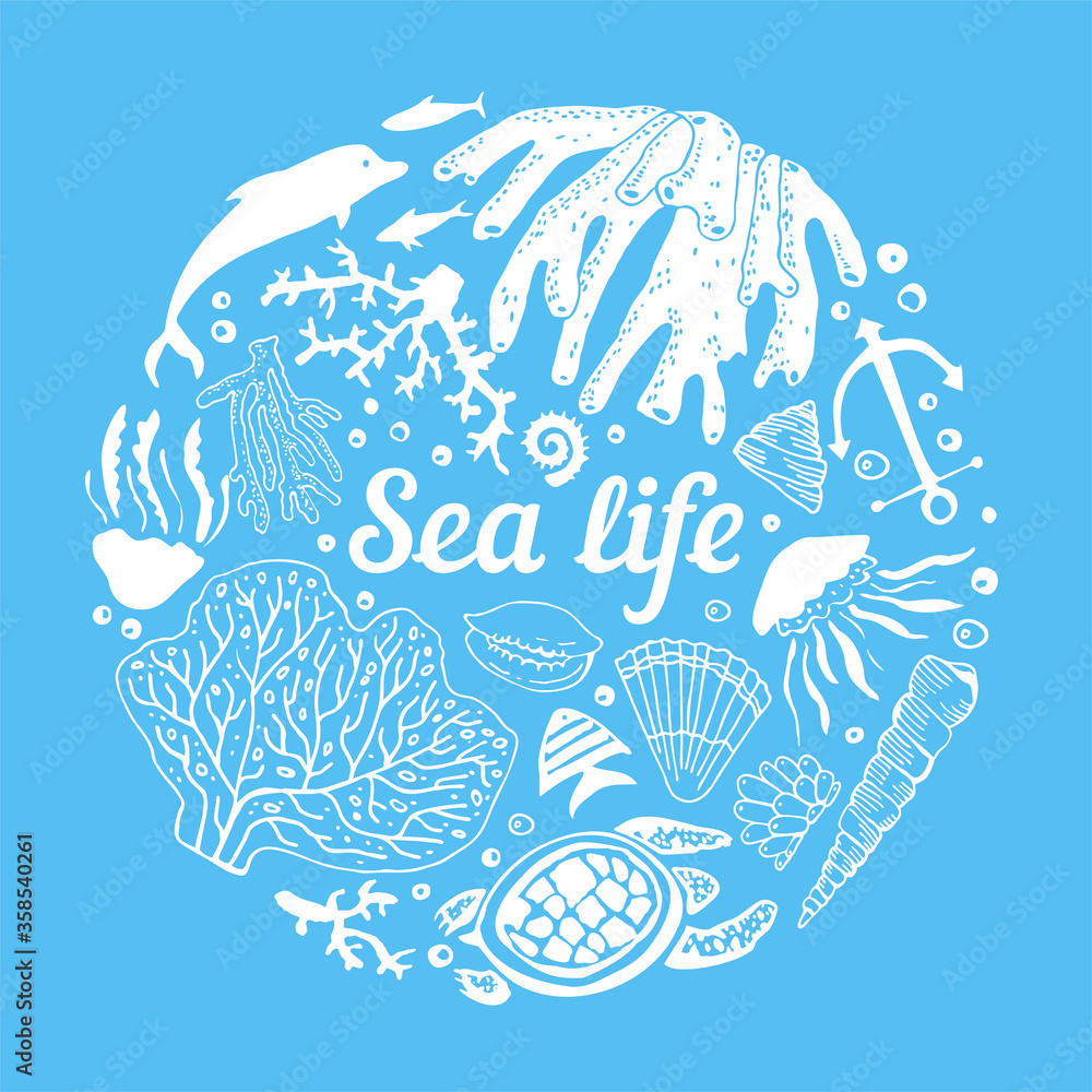 custom made wallpaper toronto digitalRound composition with sea animals and corals. Hand drawn vector sketch illustration
