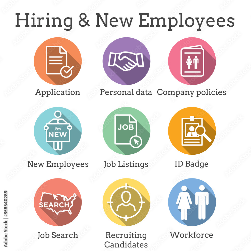 Hiring and Employees icons - job related images showing hiring