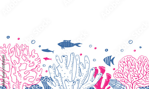 Seabed with corals and fishes. Hand drawn outline colorful vector sketch illustration