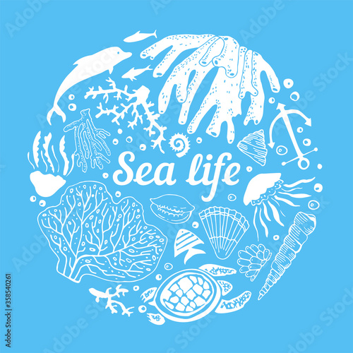 Round composition with sea animals and corals. Hand drawn vector sketch illustration