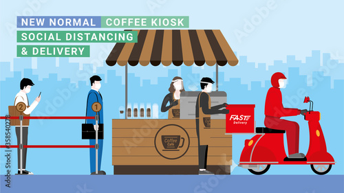 Delivery business. Red bike deliveryman pick up a coffee from a coffee shop and social distancing queue line at the shop