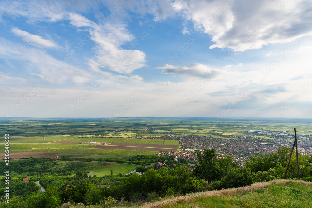 View from the top of the Vršac hill. Landscape of forest, fields and vineyards