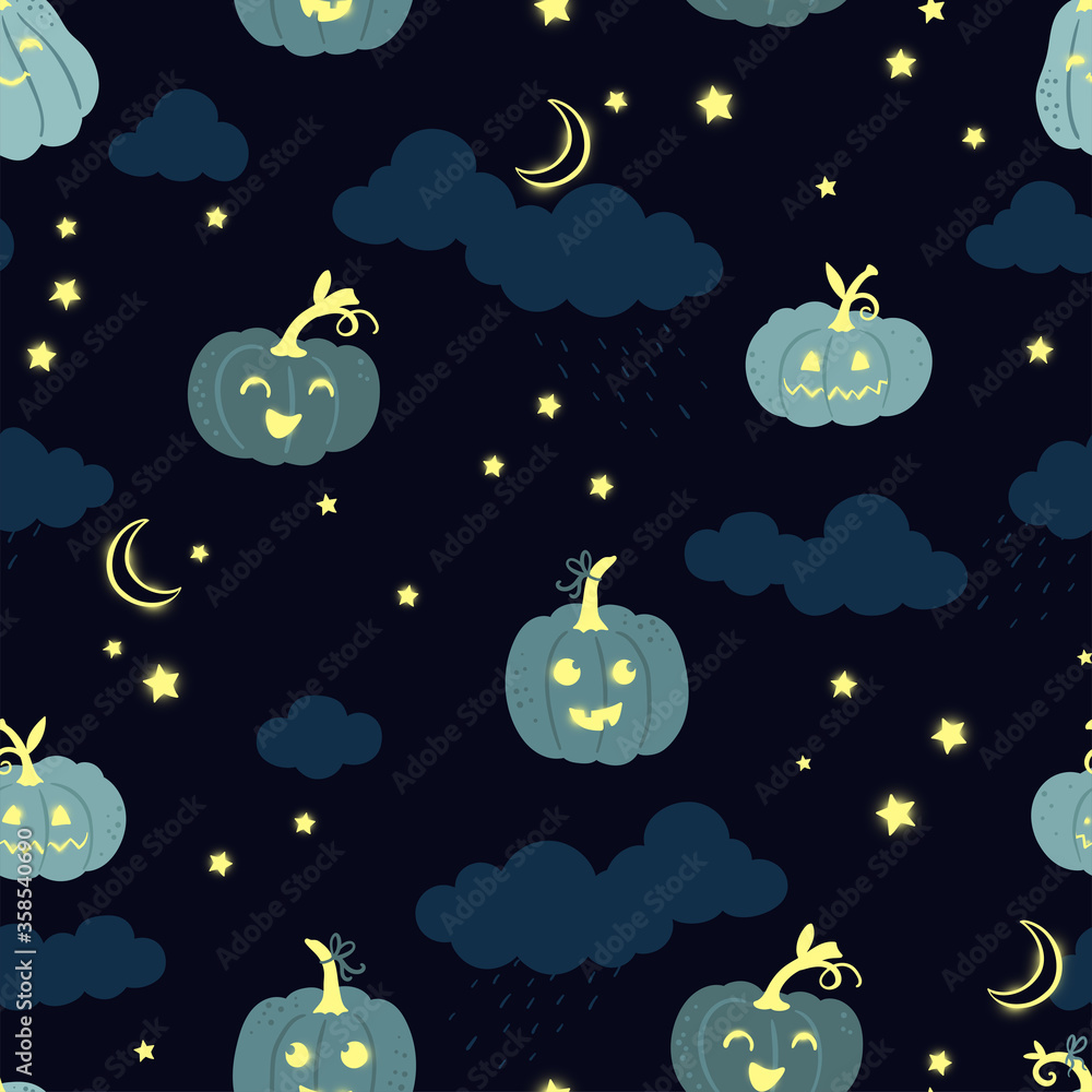 Fun hand drawn halloween seamless pattern with ghosts, pumpkins, bats and candy. Great for halloween concepts, textiles, banners, wallpapers, wrapping - vector design