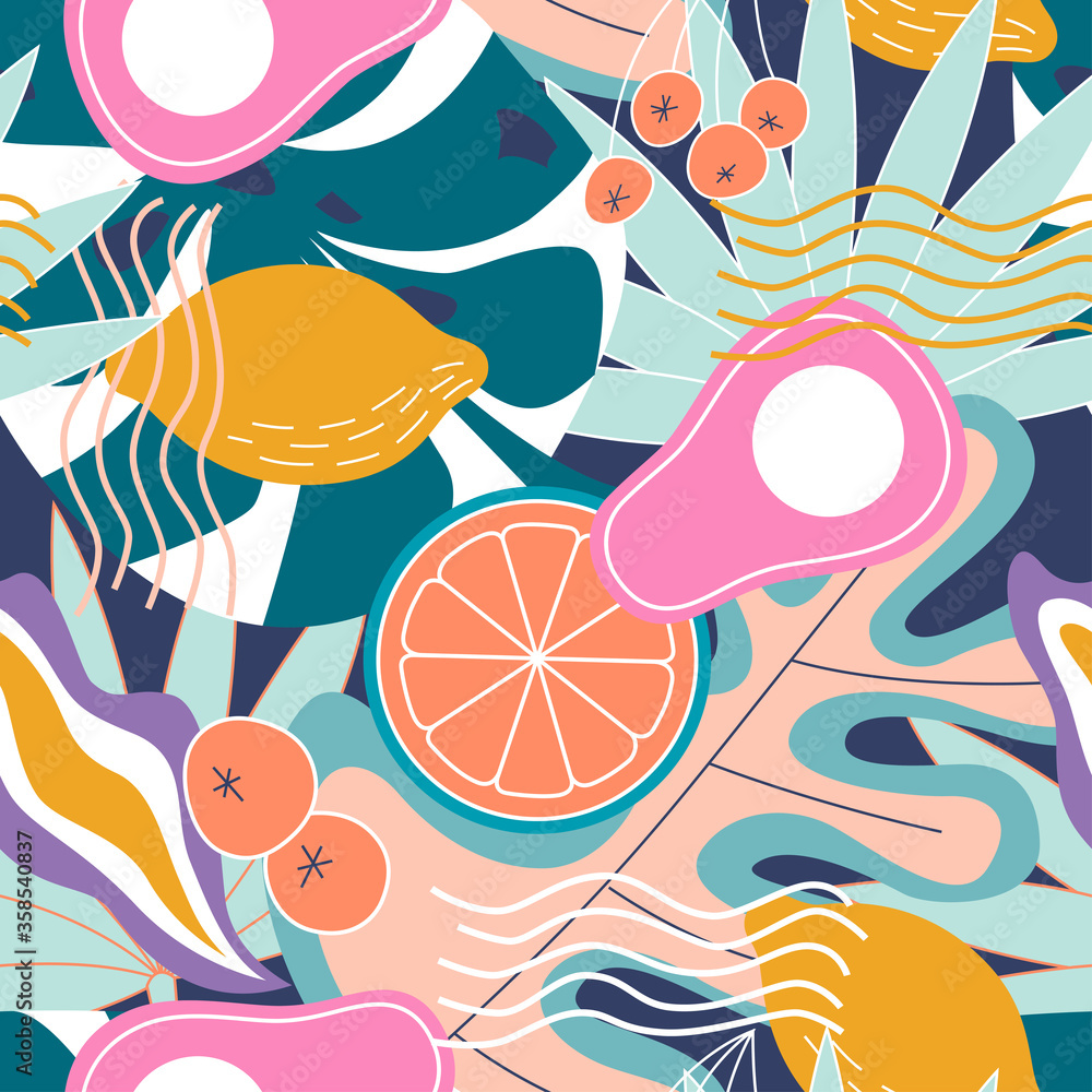Naklejka Collage modern floral seamless pattern. For paper, chintz, print. Bright simple texture in trendy colors. Modern exotic jungle illustration of plants, lemons, oranges, berries and leaves in vector.