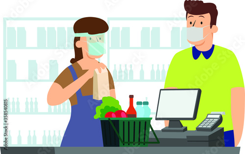Cashier is counting a man grocery shopping items during new normal