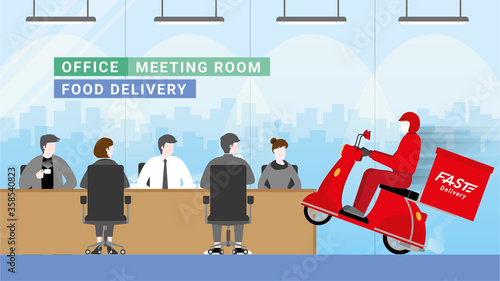 Online shopping and Delivery business. Red bike deliveryman with a fast concept to office workplace