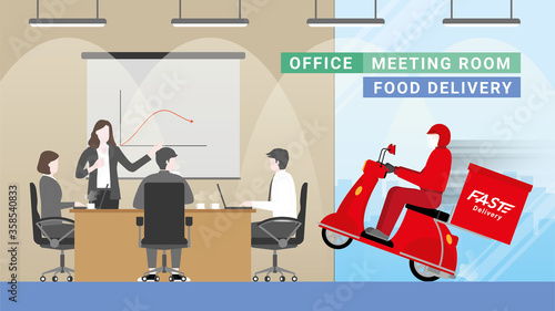 Online shopping and Delivery business. Red bike deliveryman with a fast concept to office workplace