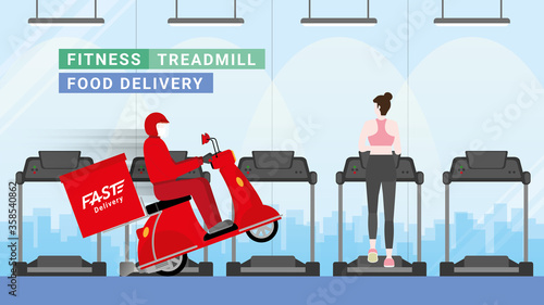 Online shopping from the fitness center. Delivery business. Red bike deliveryman with a fast concept