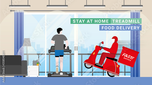 Online shopping from the home. Delivery business. Red bike deliveryman with a fast concept
