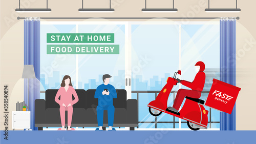 Online shopping from the home. Delivery business. Red bike deliveryman with a fast concept