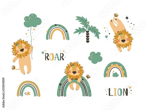 Set of cute lion clip art. Use this clipart to create baby shower invites, nursery art, birthday decor, greeting cards, children's clothing. Vector illustration.