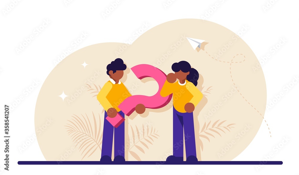 Have a question concept. Man and a woman near a large question mark. Discussion of issues. Modern flat illustration. Have a question concept. Man and a woman near a large question mark. Discussion of issues. Modern flat illustration.