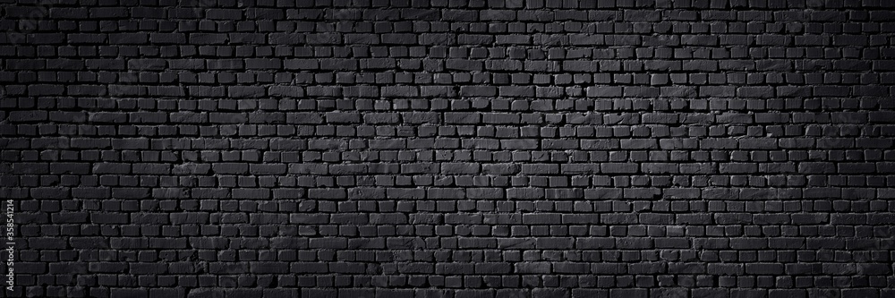 Texture of a black painted brick wall as a background or wallpaper - obrazy, fototapety, plakaty 