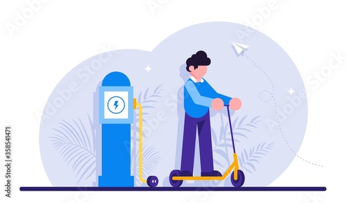 Scooter ride concept. Electric scooter on the background of a charging station. Modern flat illustration.