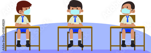 students are back to school while keep using medical mask and keeping their social distance