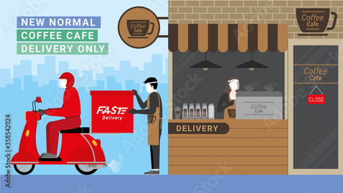 Delivery business. Red bike deliveryman pick up a coffee from a coffee cafe