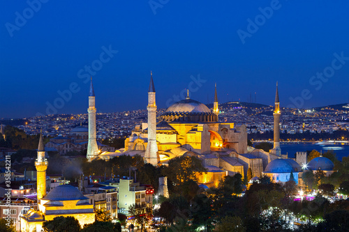 Night view over historical Hagia Sophia in Istanbul, Turkey